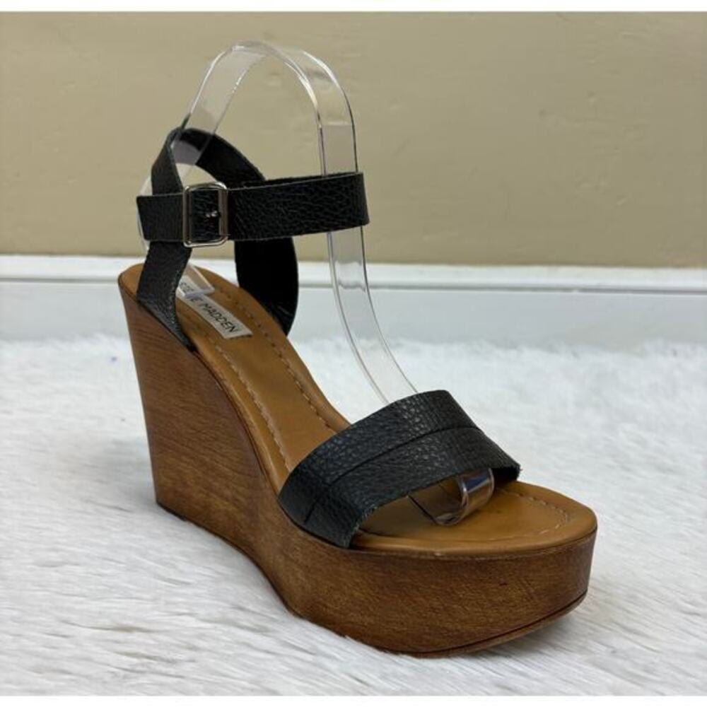 Steve Madden Belma Platform Leather Wedge Sandals Black Size 10